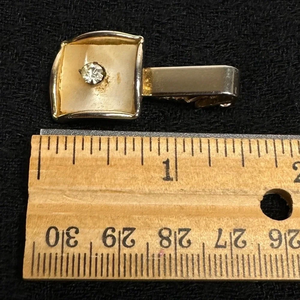 Vintage Gold Tone Cufflinks Tie‎ Bar Set MOP Rhinestone Square